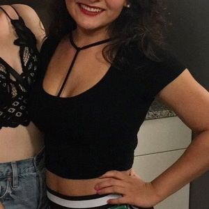 Black crop top with stringy neck detail